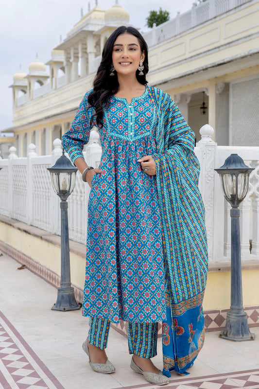 Blue Cotton kurta Set For women