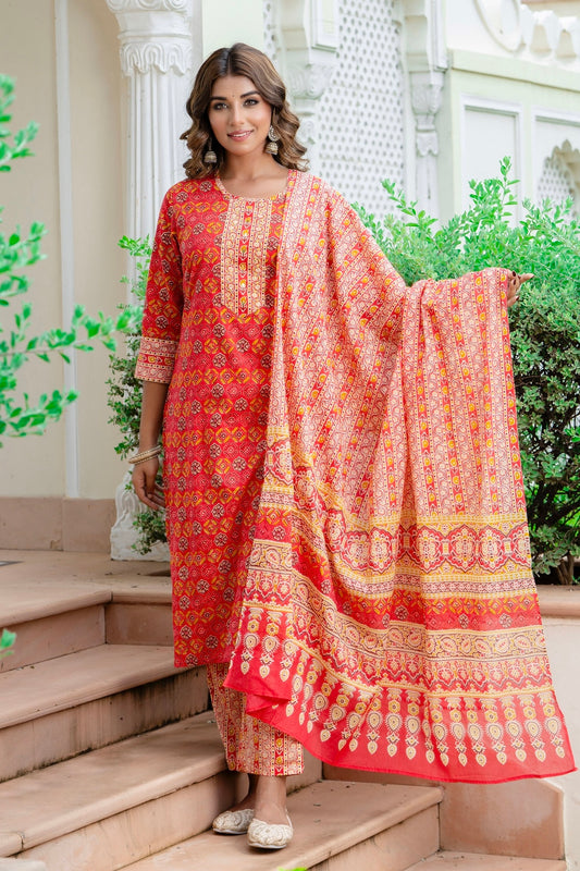 Ojasvi - Red Bandhej Festive Printed Cotton Kurta Set with Dupatta