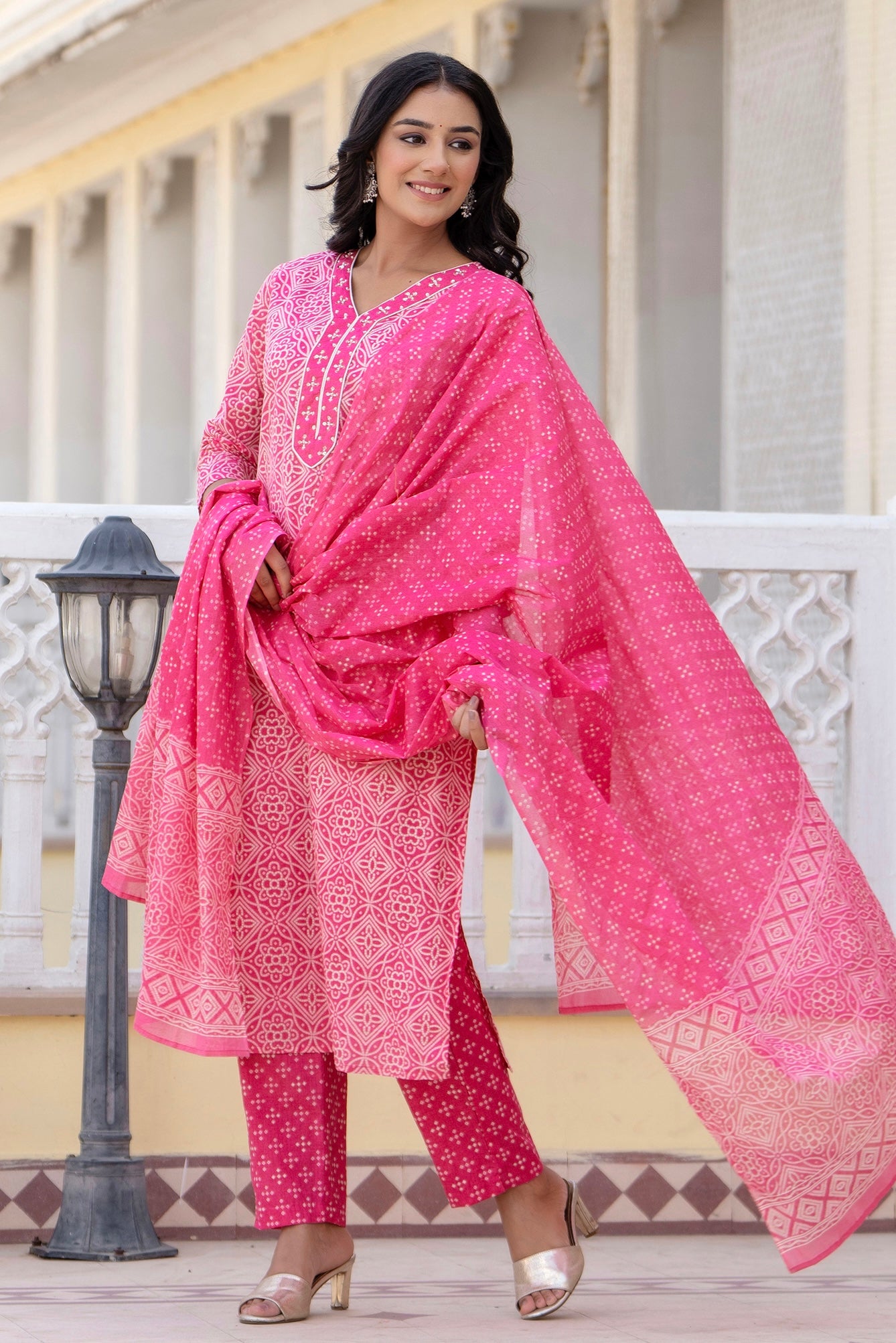 Nia -Pink Bandhej Print Festive Cotton Kurta Set with Dupatta