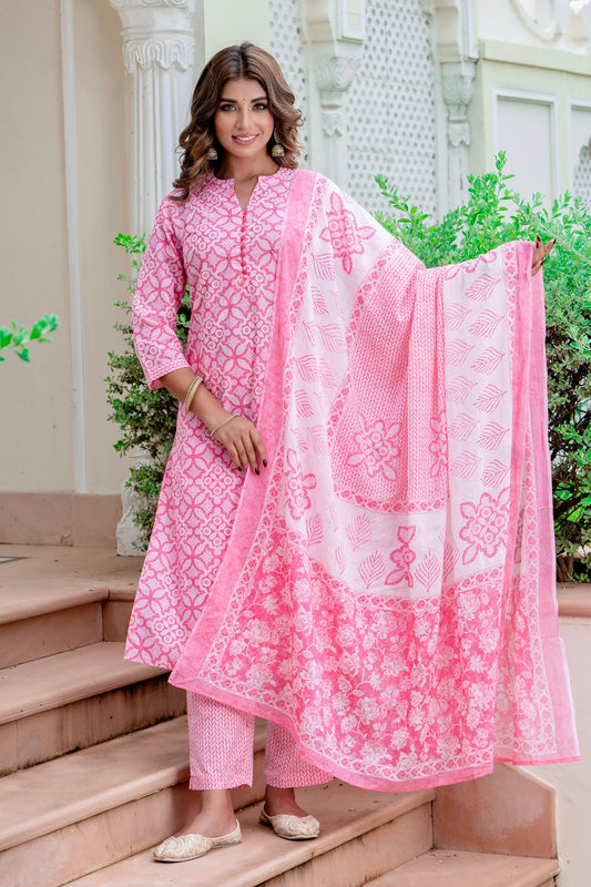 Mishka - Pink Ethnic Printed Cotton Kurta Set with Dupatta