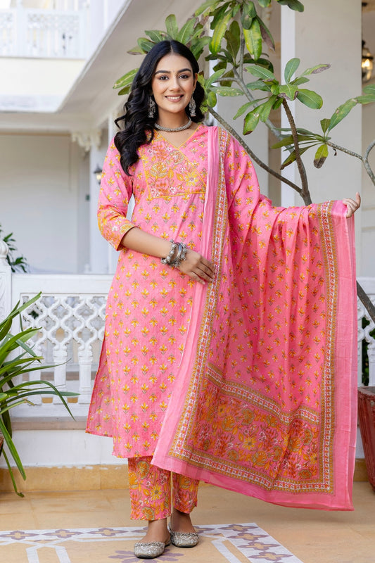 Pink Yoke Highlight Cotton Kurta Set with Trousers and Dupatta