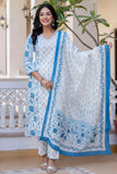 Ritika - White and Blue Side Gathers A-line Cotton Kurta Set with Dupatta