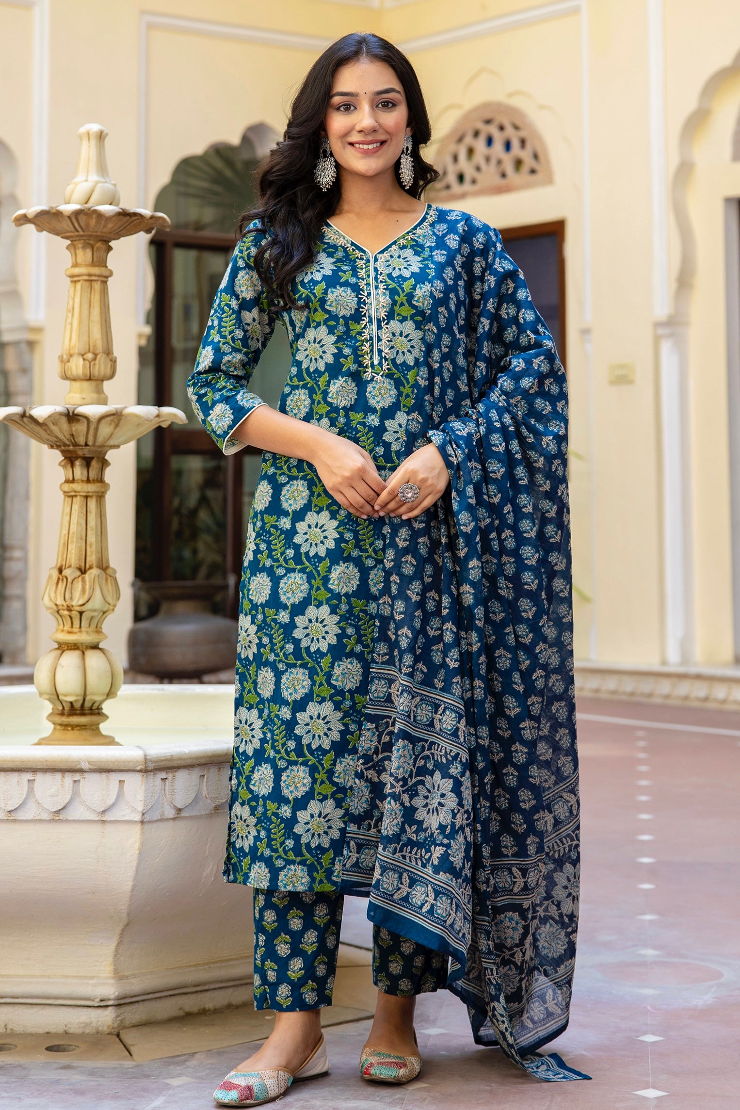 Lucia - Deep Blue Katha Work Cotton Kurta Set with Dupatta