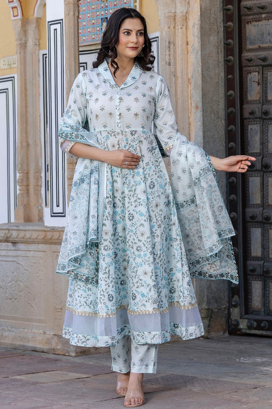 Aarohi - Blue Collar Neck Organza Detail Cotton Anarkali Suit Set