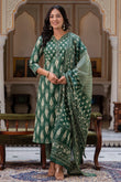 Kai - Bottle Green Ajrak Print Cotton Kurta Set with Dupatta