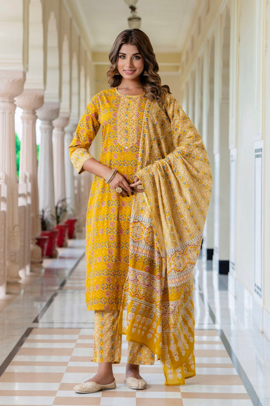 Charvi - Mustard Bandhej Festive Printed Cotton Kurta Set with Dupatta