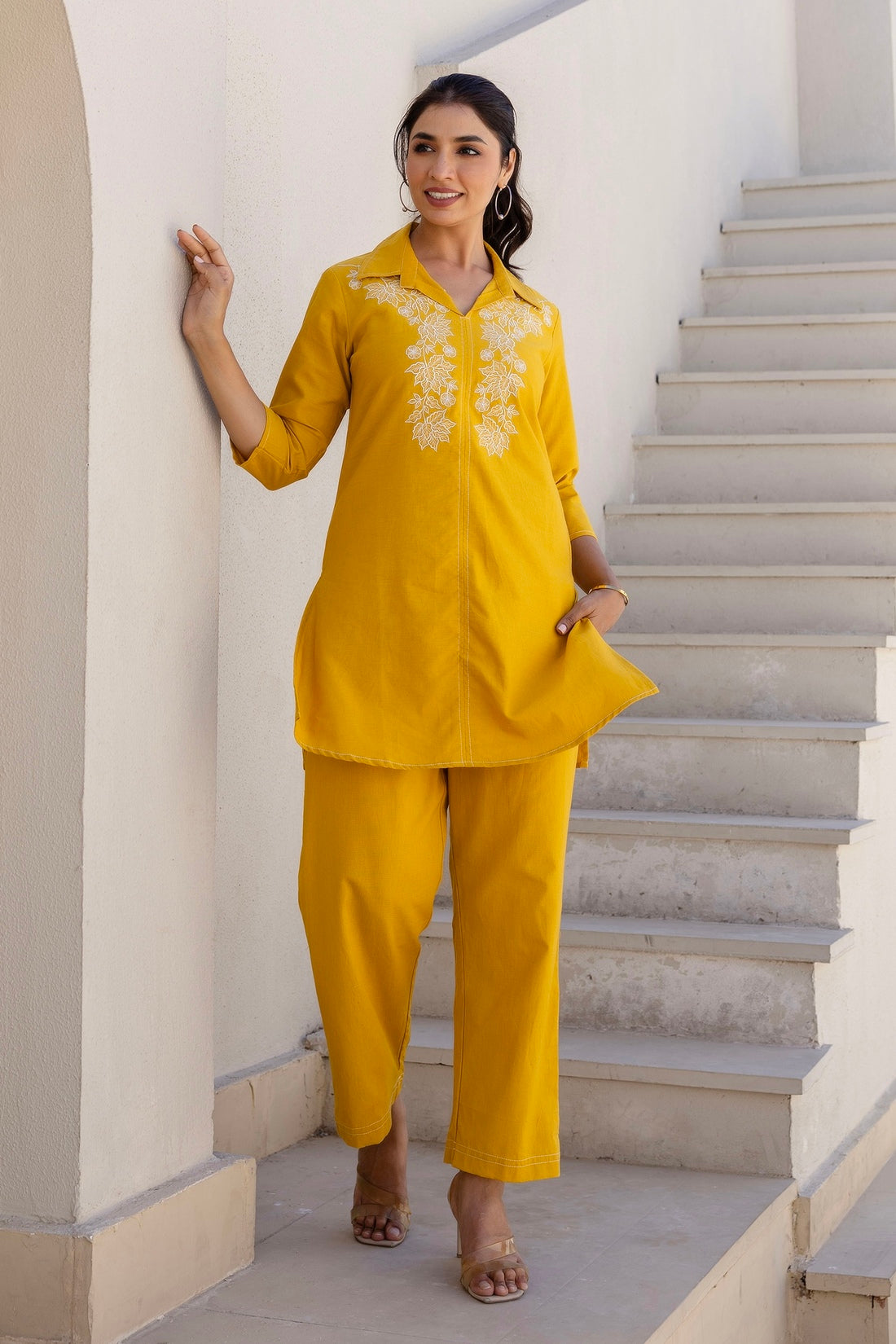 Amaris - Yellow Cotton Flex Solid Embroidered Coord Set