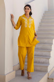 Amaris - Yellow Cotton Flex Solid Embroidered Coord Set