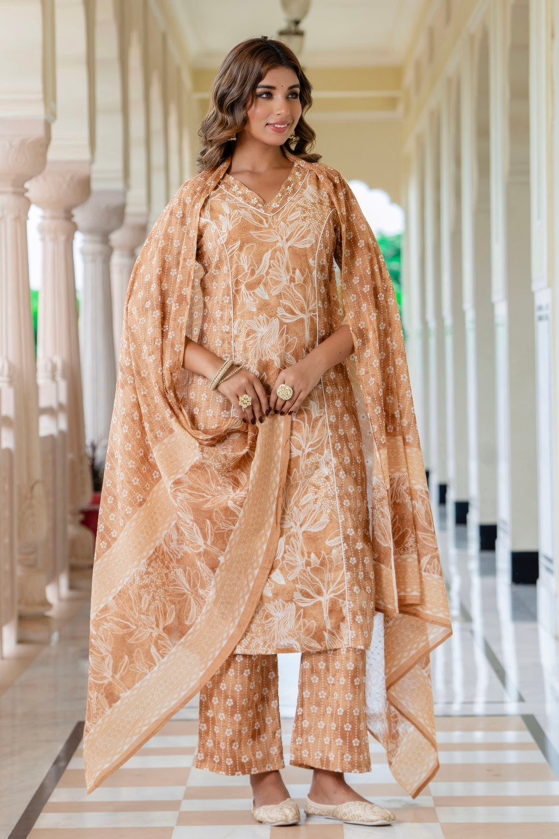 Nandita - Brown Floral Printed Kurta Set with Palazzo and Dupatta