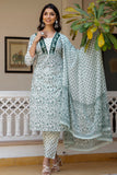 Zara - Green and White Resham Embroidered Cotton Kurta set with Dupatta