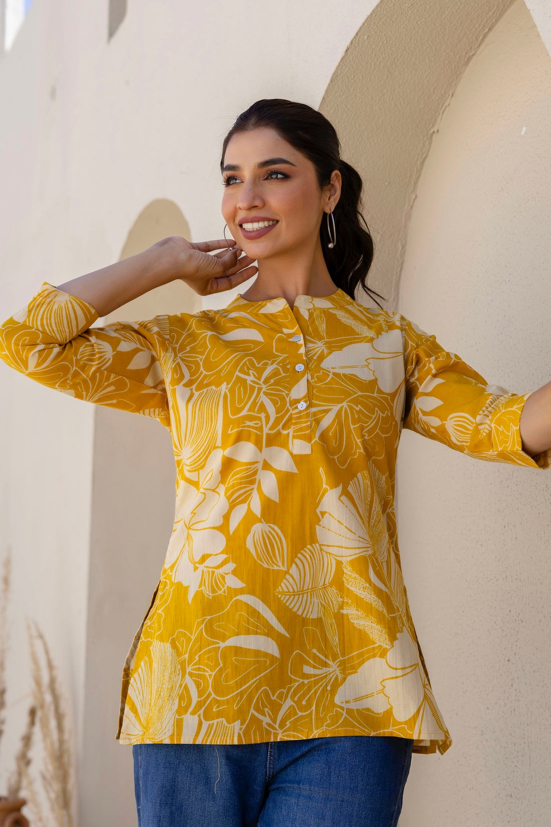 Vesper - Yellow Tropical Print Cotton Short Kurti