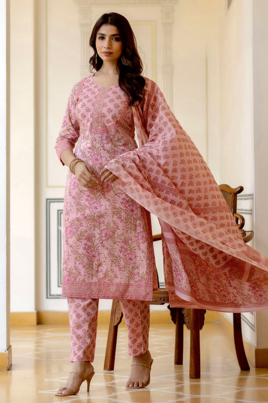 Kusha - Pink Floral Printed Cotton Kurta Set with Dupatta