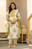 Yellow Motif Print Plackett Highlight Lined Kurta Set with Trousers and Dupatta