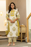Yellow Motif Print Plackett Highlight Lined Kurta Set with Trousers and Dupatta