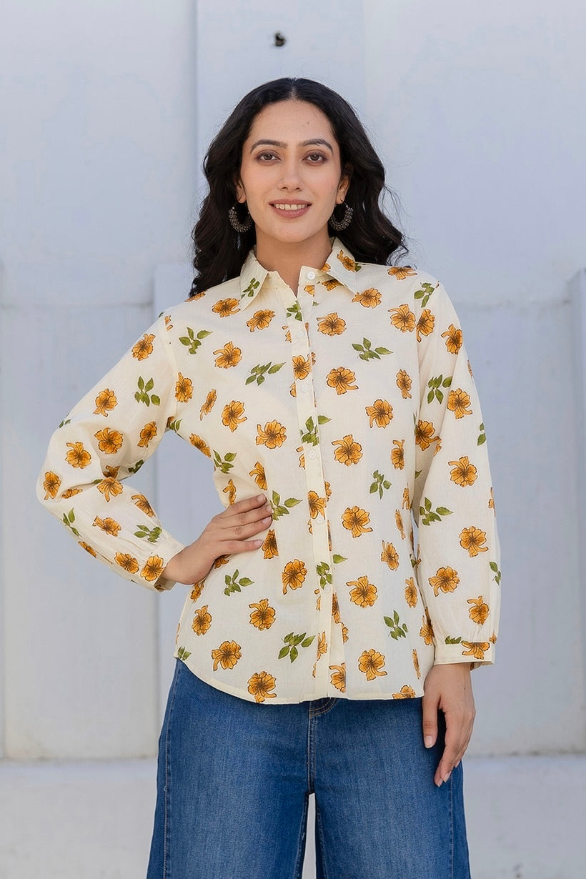 Mari - Yellow Floral Printed Cotton Shirt
