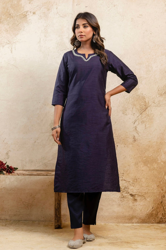 Asha - Navy Blue Embellished Silk Kurta