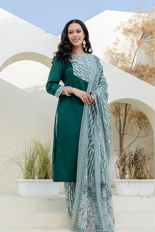 Bottle Green Solid Yoke Design Kurta Set with Trousers and Dupatta