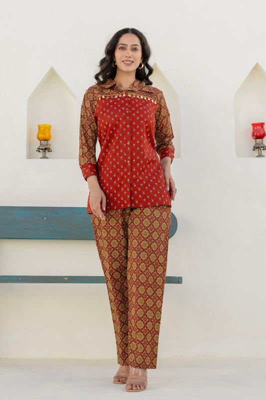 Meira - Rust Embellished Shirt with Contrast Pants Coord Set