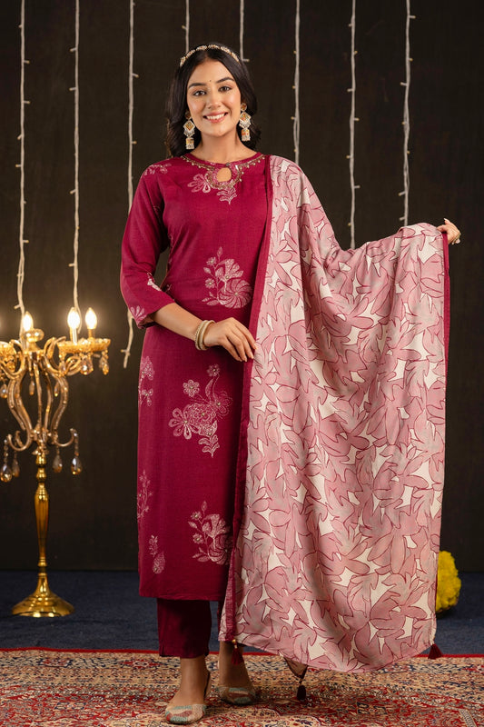 Vaani - Maroon Printed Festive Silk Kurta Set with Dupatta