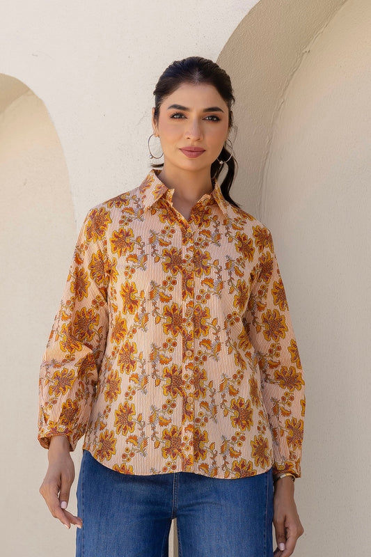 Elowen - White And Orange Striped Floral Shirt