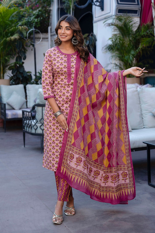 PARVATI - Pink Printed Cotton Kurta Set with Trouser and Dupatta