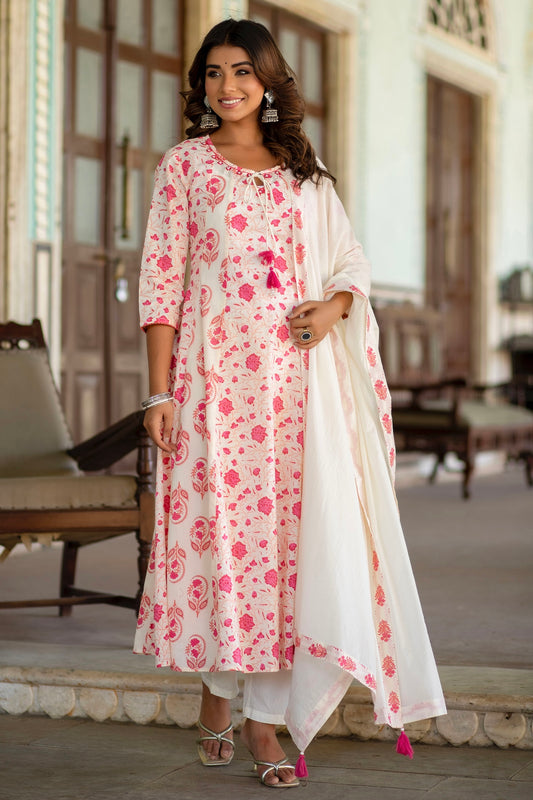 Sameera - Pink and White Cotton Floral Printed Anarkali Suit Set with Dupatta