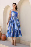 Esme - Blue and White Striped Cotton Tiered Midi Dress