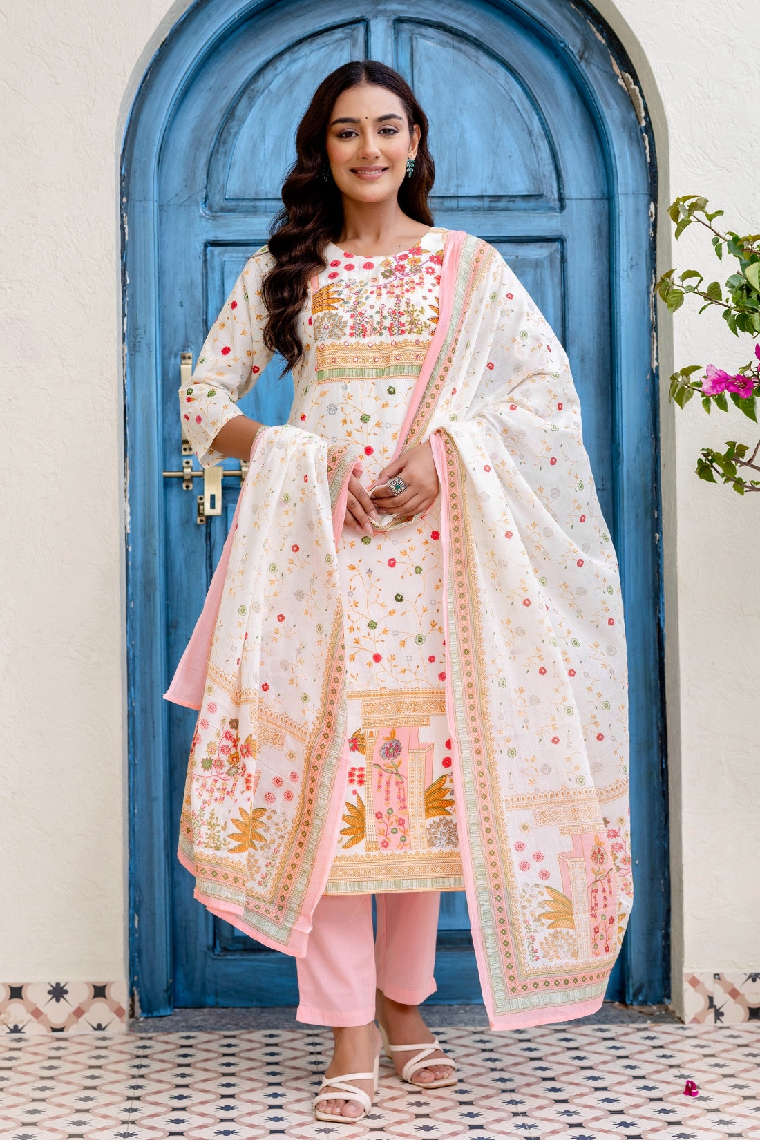 Off White and Pink Cotton Lined Kurta Set with Trousers and Dupatta