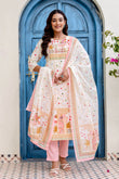 Off White and Pink Cotton Lined Kurta Set with Trousers and Dupatta