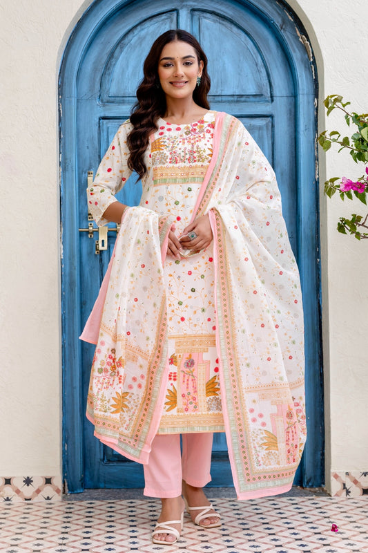 Off White and Pink Cotton Lined Kurta Set with Trousers and Dupatta