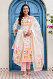 Off White and Pink Cotton Lined Kurta Set with Trousers and Dupatta