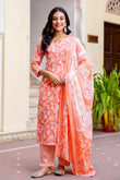 Ishanya - Peach Neck Highlights Printed Cotton Kurta Set with Dupatta