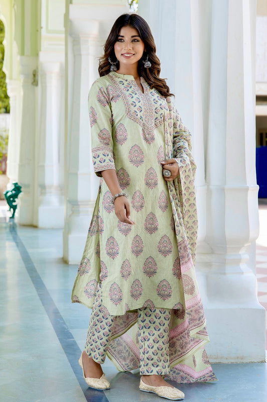 Cordelia - Green Motif Printed Yoke Design Cotton Kurta Set with Dupatta