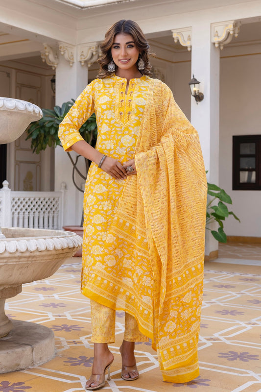 Yellow Plackett Design Cotton Kurta Set with Trousers and Dupatta