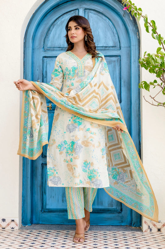 Green Abstract Print Cotton Kurta Set with Trousers and Dupatta