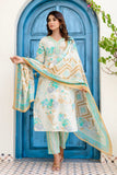 Green Abstract Print Cotton Kurta Set with Trousers and Dupatta