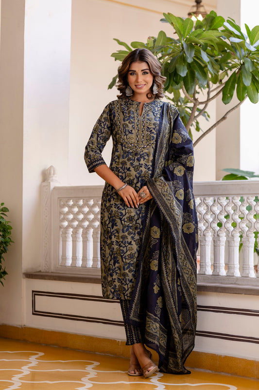 DIVYA - Green and Blue Printed Cotton Kurta Set with Trouser and Dupatta