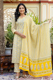 Mila - Yellow and Green Princess Cut Cotton Kurta Set with Dupatta