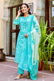 Alina - Sea Green Floral Printed Cotton Kurta Set with Dupatta