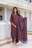 TARA - Maroon Motif Printed Kurta Set with Trouser and Dupatta