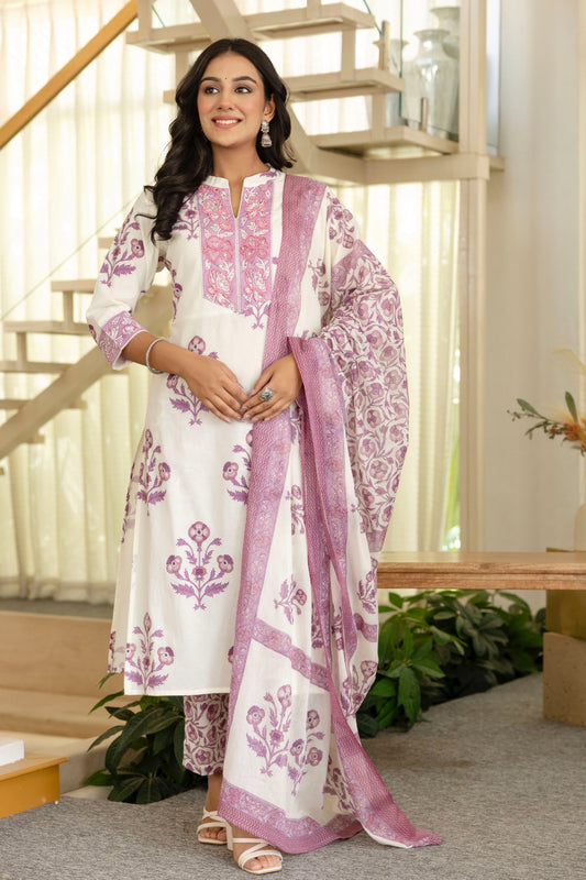 Purple Motif Print Plackett Highlight Lined Kurta Set with Trousers and Dupatta