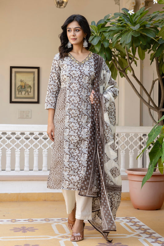 White and Brown Side Pleated Kurta Set with Trousers and Dupatta