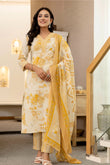 Mustard Abstract Print Cotton Kurta Set with Trousers and Dupatta