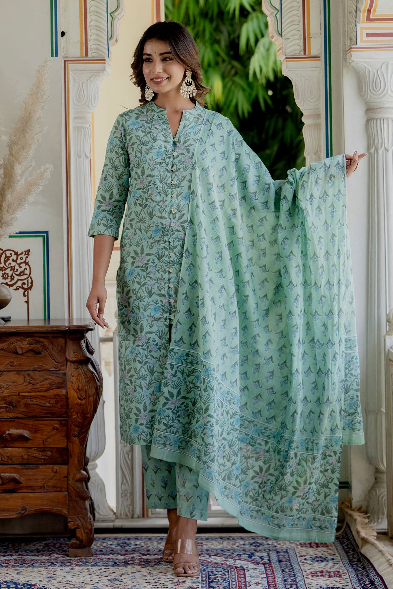 Sonia - Green Front Open Everyday Wear Cotton Kurta Set with Dupatta