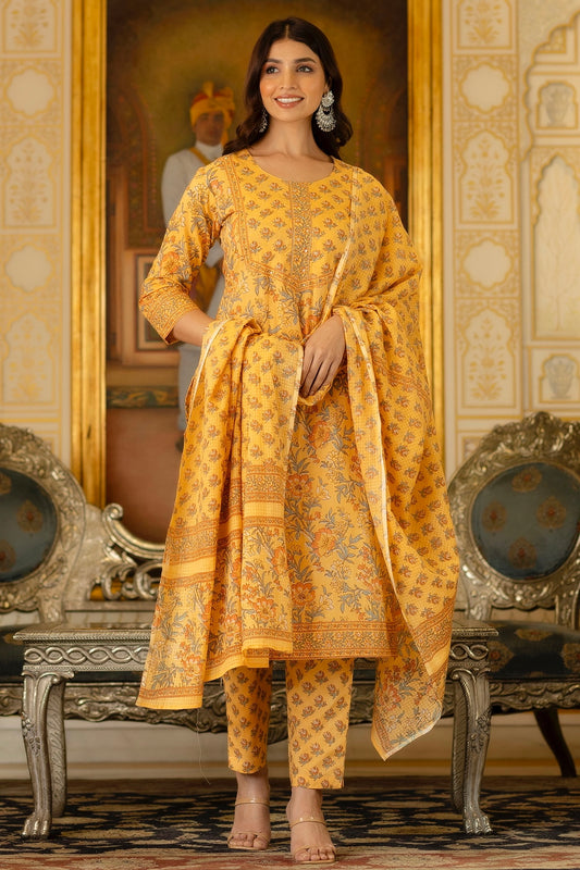 Suhani - Mustard Yellow Floral Printed Cotton Kurta Set with Dupatta