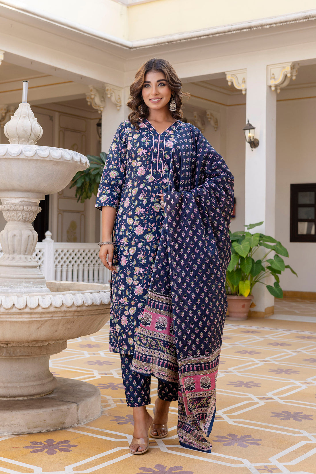 DISHA - Navy Blue Floral Cotton Kurta Set with Dupatta