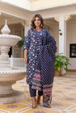 DISHA - Navy Blue Floral Cotton Kurta Set with Dupatta