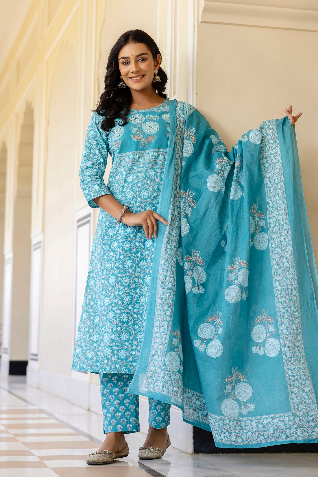 Blue Yoke Highlighted Floral Cotton Kurta Set with Trousers and Dupatta