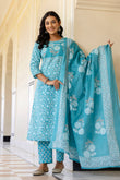 Blue Yoke Highlighted Floral Cotton Kurta Set with Trousers and Dupatta