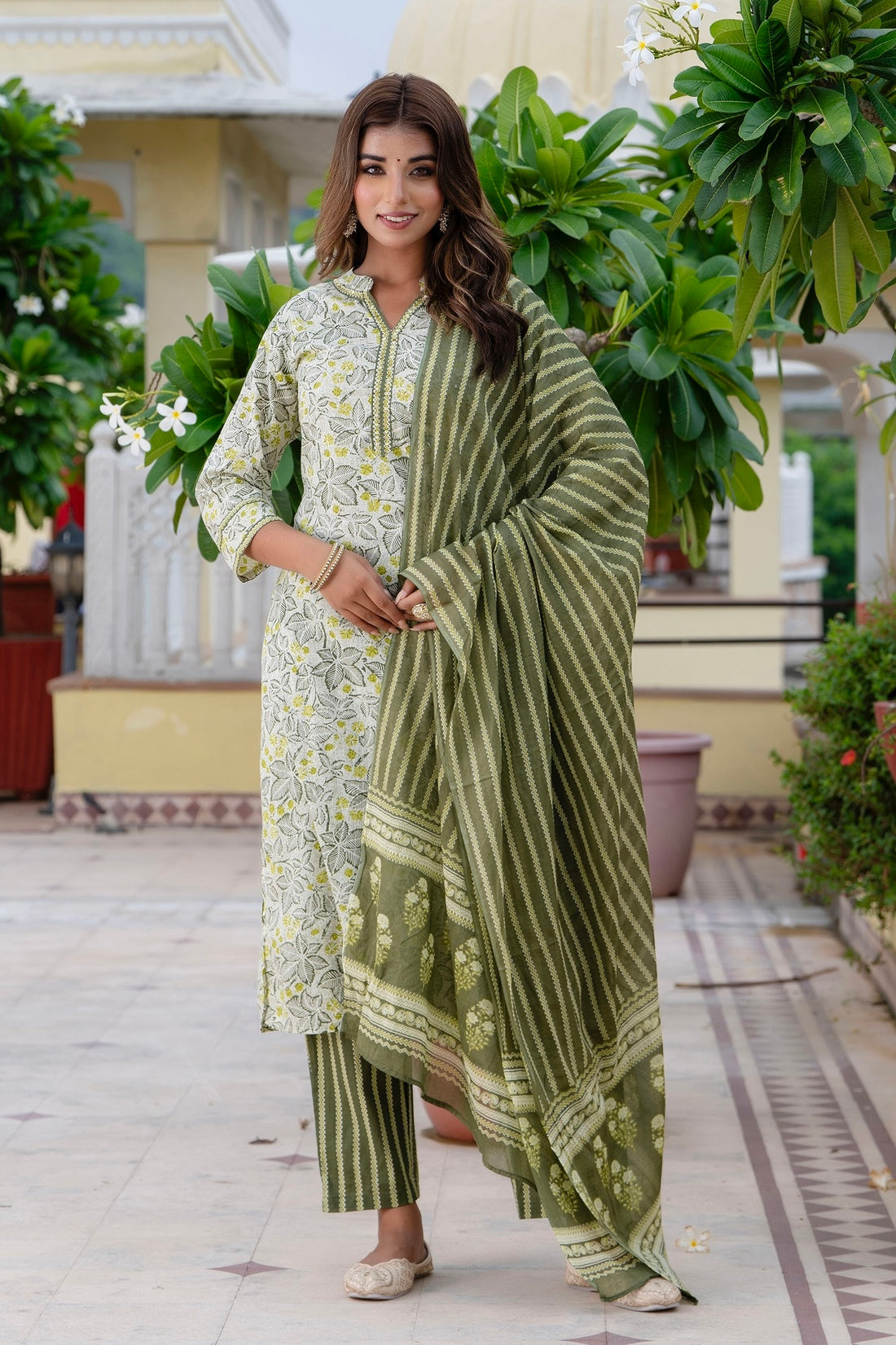 Chitra - Olive Green Mandarin Collar Cotton Kurta Set with Dupatta